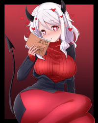 Rule 34 | 1girl, black horns, black suit, blush, book, breasts, demon girl, demon horns, demon tail, formal, gradient background, heart, heart-shaped pupils, heart in eye, heckler kai, helltaker, highres, holding, holding book, horns, large breasts, long sleeves, looking at viewer, modeus (helltaker), open book, open mouth, pantyhose, red eyes, red pantyhose, red sweater, ribbed sweater, shirt, short hair, sitting, solo, suit, sweater, symbol-shaped pupils, symbol in eye, tail, turtleneck, turtleneck sweater, white hair