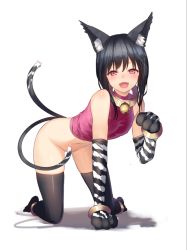Rule 34 | 1girl, :d, animal ear fluff, animal ears, animal hands, bell, black hair, black thighhighs, blush, cat ears, cat paws, cat tail, collar, fangs, izumi sai, multiple tails, neck bell, no panties, open mouth, original, pink eyes, smile, solo, tail, thighhighs