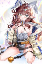 Rule 34 | 1girl, :d, absurdres, adapted costume, animal ears, apple, arknights, banner, bare shoulders, blush, breasts, brown hair, cleavage, earrings, fake animal ears, fang, food, fruit, golden apple, green eyes, grey jacket, grey leotard, hairband, highres, jacket, jewelry, leotard, light particles, long hair, long sleeves, looking at viewer, myrtle (arknights), off shoulder, open clothes, open jacket, open mouth, playboy bunny, pointy ears, rabbit ears, sitting, skin fang, small breasts, smile, solo, tekona0, very long hair, wariza, white hairband