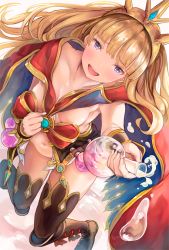 Rule 34 | 1girl, aonaga heri, black thighhighs, blonde hair, bracer, breasts, cagliostro (granblue fantasy), cape, female focus, flask, granblue fantasy, hairband, long hair, looking at viewer, navel, purple eyes, round-bottom flask, simple background, solo, thighhighs, tiara