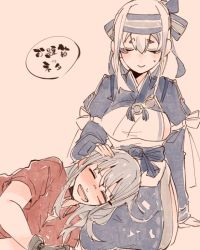Rule 34 | 2girls, ainu clothes, bad id, bad twitter id, blue hair, breasts, closed eyes, commentary request, dress, facial scar, gangut (kancolle), grey hair, hand on another&#039;s head, headband, itomugi-kun, japanese clothes, kamoi (kancolle), kantai collection, large breasts, long hair, multicolored hair, multiple girls, no headwear, no jacket, open mouth, red shirt, remodel (kantai collection), scar, scar on cheek, scar on face, shirt, smile, translation request, white hair