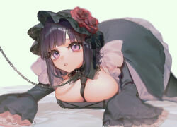 Rule 34 | 1girl, between breasts, black dress, black necktie, bonnet, breasts, chain, chain leash, cleavage, dress, expressionless, flower, gothic lolita, highres, kitagawa marin, kuroe shizuku, large breasts, leash, lolita fashion, looking at viewer, lying, necktie, necktie between breasts, on stomach, parted lips, purple eyes, purple hair, red flower, red rose, rose, sketch, smilesmile1312, solo, sono bisque doll wa koi wo suru