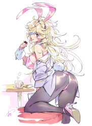 Rule 34 | 1girl, :q, animal ears, ass, bare shoulders, black pantyhose, blonde hair, breasts, candy, chocolate, commentary request, cup, earrings, fake animal ears, fake tail, food, grey pantyhose, hand up, heart, high heels, highres, holding, holding food, jacket, jewelry, large breasts, leotard, long hair, long sleeves, looking at viewer, matsuda (matsukichi), messy hair, mug, off shoulder, original, pantyhose, pink leotard, playboy bunny, profile, purple eyes, rabbit ears, rabbit tail, simple background, smile, solo, strapless, strapless leotard, tail, tongue, tongue out, white background, white jacket, wrist cuffs