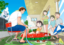 Rule 34 | 2boys, 3girls, bird, birdcage, blue shirt, blue shorts, blue sky, blunt bangs, blush, brown hair, building, cage, camping chair, chair, child, cloud, cloudy sky, cup, day, drink, fence, floral print, flower, green shirt, green shorts, grey shirt, grey skirt, hose, house, in cage, jupachi18, knees up, leaf, mature female, multiple boys, multiple girls, old, old man, old woman, one eye closed, original, outdoors, pink eyes, profile, red flower, sandals, shadow, shirt, short hair, shorts, skirt, sky, smile, splashing, striped clothes, striped shorts, swimsuit, table, tray, tree, twitter username, umbrella, wading pool, white shirt, window