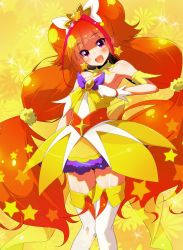 Rule 34 | 1girl, amanogawa kirara, armlet, bare shoulders, boots, choker, commentary request, cure twinkle, dress, earrings, gloves, go! princess precure, head tilt, headgear, highres, jewelry, long hair, looking at viewer, magical girl, multicolored clothes, multicolored dress, open mouth, orange hair, precure, purple eyes, scrunchie, short dress, smile, solo, sparkle, standing, star (symbol), star earrings, strapless, strapless dress, sw (taco), thigh boots, thighhighs, twintails, very long hair, white footwear, white gloves, yellow background, yellow scrunchie