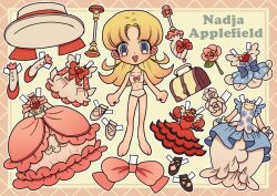 Rule 34 | 1girl, apron, arms at sides, ashita no nadja, barefoot, black footwear, blonde hair, blue dress, blue eyes, bow, bra, brooch, brown bag, character name, closed umbrella, commentary, dress, english commentary, flower, frilled apron, frills, full body, hat, heart, heart brooch, jewelry, kisekae, long hair, long sleeves, looking at viewer, meremero, nadja applefield, open mouth, panties, parted bangs, pink bow, pink dress, pink flower, pink rose, porkpie hat, red bow, red dress, red footwear, rose, smile, socks, solo, standing, umbrella, underwear, underwear only, white bra, white flower, white footwear, white hat, white panties, white rose, white socks