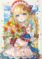 Rule 34 | 1girl, blonde hair, blue eyes, blue sky, blush, bouquet, bow, braid, collared dress, detached sleeves, dress, flower, framed, frills, hair bow, hair ornament, hat, highres, holding, holding flower, long hair, looking at viewer, open mouth, original, petals, shione (memento forest), sky, smile, tulip, twin braids, twintails