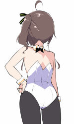 Rule 34 | 1girl, ahoge, ass, bow, brown hair, commentary, detached collar, facing away, hair bow, hand on own hip, hololive, leotard, meme attire, natsuiro matsuri, pantyhose, playboy bunny, reverse bunnysuit, reverse outfit, side ponytail, solo, terazip, too literal, virtual youtuber, wardrobe error, white background, you&#039;re doing it wrong