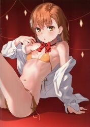 Rule 34 | 1girl, :o, absurdres, arm support, bare shoulders, bikini, blush, bow, bowtie, breasts, brown eyes, brown hair, crease, dress shirt, feet out of frame, flower, hair flower, hair ornament, halterneck, hand up, highres, long sleeves, looking at viewer, medium hair, misaka mikoto, navel, non-web source, off shoulder, open clothes, open mouth, open shirt, orange bikini, parted lips, raika9, red background, red bow, red bowtie, ribs, scan, shadow, shirt, short hair, side-tie bikini bottom, sitting, small breasts, solo, stomach, string bikini, string lights, swimsuit, toaru kagaku no railgun, toaru majutsu no index, white flower, white shirt, yellow bikini