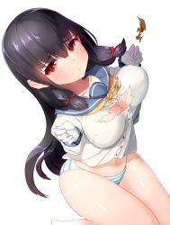 Rule 34 | 10s, 1girl, black hair, boruhis, breasts, cleavage, collarbone, from above, gloves, hair between eyes, hair ribbon, isokaze (kancolle), kantai collection, large breasts, long hair, navel, panties, red eyes, red ribbon, ribbon, shirt, simple background, solo, striped clothes, striped panties, thighs, torn clothes, torn shirt, underwear, white background, white gloves, white shirt