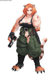 Rule 34 | 1girl, animal ears, animal hands, baggy pants, belt, belt pouch, biceps, black gloves, boots, breasts, cargo pants, claws, cleavage, cleft of venus, combat boots, combat knife, commentary, effectively nude, english commentary, explosive, female pubic hair, fewer digits, fingerless gloves, forehead, full body, gao (gaolukchup), gloves, grenade, gun, handgun, harness, heart, heart tattoo, highres, holding, holding gun, holding weapon, knife, large breasts, medium hair, monster girl, muscular, muscular female, nipples, no bra, no panties, orange hair, original, pants, pistol, pouch, pubic hair, pussy, sheath, sheathed, shoulder tattoo, solo, standing, strap gap, tail, tattoo, tiger ears, tiger stripes, toeless footwear, torn clothes, torn pants, tsurime, uncensored, underwear, weapon, white background