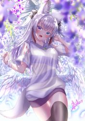 Rule 34 | 1girl, :d, animal ears, arm cutout, bangle, black thighhighs, blue eyes, blurry, bracelet, breasts, commission, depth of field, fang, flower, fox ears, fox girl, fox tail, heterochromia, highres, jewelry, long hair, medium breasts, open mouth, original, purple eyes, shirt, short sleeves, skeb commission, skin fang, smile, tail, thighhighs, two side up, white hair, wings, zeronoriku00