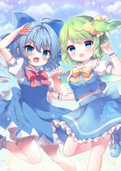 Rule 34 | 2girls, :d, ahoge, arm up, blue dress, blue eyes, blue footwear, blue hair, blue skirt, blue vest, blush, bow, cirno, coa (chroo x), collaboration, commentary request, daiyousei, detached wings, dress, fairy, fairy wings, green hair, hair between eyes, hair bow, highres, honoka chiffon, ice, ice wings, multiple girls, one side up, open mouth, shirt, shoes, skirt, smile, socks, touhou, vest, white shirt, white socks, wings, wrist cuffs
