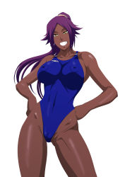 Rule 34 | 1girl, bleach, breasts, cameltoe, competition swimsuit, covered erect nipples, covered navel, curvy, dark-skinned female, dark skin, female focus, game cg, grin, hands on own hips, highleg, highleg swimsuit, highres, large breasts, lime (purple haze), long hair, looking at viewer, nipples, one-piece swimsuit, ponytail, purple hair, shihouin yoruichi, shiny skin, simple background, skin tight, smile, solo, speedo (company), swimsuit, thigh gap, white background, yellow eyes