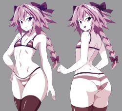 Rule 34 | 1boy, absurdres, abysswatchers, astolfo (fate), bikini, black thighhighs, braid, braided ponytail, bulge, closed mouth, collarbone, fate/apocrypha, fate (series), grey background, hair between eyes, hair intakes, hand on own hip, highres, long hair, looking at viewer, looking back, male focus, multicolored hair, multiple views, nervous smile, open mouth, pink eyes, pink hair, simple background, smile, solo, striped bikini, striped clothes, sweatdrop, swimsuit, thighhighs, trap, white hair