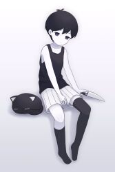 1boy antenna_hair asymmetrical_legwear black_eyes black_hair black_socks black_tank_top black_thighhighs cat closed_mouth colored_skin expressionless hatoba_(hatoba_yado) highres holding holding_knife kneehighs knife looking_at_viewer mewo omori omori_(omori) shorts single_kneehigh single_sock single_thighhigh sitting socks solo striped_clothes striped_shorts tank_top thighhighs vertical-striped_clothes vertical-striped_shorts white_shorts white_skin