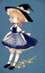 Rule 34 | 1girl, adapted costume, alternate costume, alternate eye color, apron, bad id, bad twitter id, blonde hair, bloomers, blue background, blue dress, blue eyes, blush, bow, braid, dress, floral print, full body, hair bow, hair ornament, hat, hat ribbon, highres, kirisame marisa, looking at viewer, puffy sleeves, ribbon, short hair, short sleeves, side braid, simple background, single braid, socks, solo, star (symbol), touhou, underwear, waist apron, white socks, witch hat, yujup