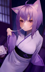 Rule 34 | 1girl, absurdres, ahoge, animal ear fluff, animal ears, blush, breasts, cat ears, cat girl, commentary request, eating, female focus, food, food in mouth, hair between eyes, hand up, highres, holding, holding food, hololive, indoors, japanese clothes, kimono, long sleeves, looking at viewer, medium hair, mochi, nanome to, nekomata okayu, nekomata okayu (new year), obi, purple eyes, purple hair, ribbon-trimmed sleeves, ribbon trim, sash, sidelocks, sleeves past wrists, solo, virtual youtuber, white kimono, wide hips