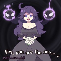 Rule 34 | 1girl, @ @, alternate breast size, animated, animated gif, bare shoulders, black dress, bouncing breasts, bouquet, breasts, bridal veil, bride, cleavage, creatures (company), dress, english text, flower, game freak, gastly, gen 1 pokemon, heart, heart-shaped pupils, hex maniac (pokemon), large breasts, looking at viewer, nintendo, pokemon, pokemon (creature), pokemon xy, purple hair, rtil, smile, subtitled, symbol-shaped pupils, veil, wedding dress