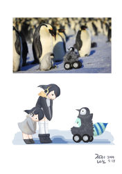 Rule 34 | 10s, 2017, bird, black eyes, black footwear, blurry, blush, boots, bowing, child, closed mouth, commentary, dated, day, depth of field, derivative work, disguise, emperor penguin (kemono friends), from side, headphones, kemono friends, looking down, lucky beast (kemono friends), multicolored hair, orange hair, outdoors, own hands together, penguin, photo-referenced, photo (medium), photo inset, profile, real life, reference inset, roonhee, signature, smile, standing, streaked hair, striped tail, tail, thighhighs, v arms, vehicle, wheel, white legwear, | |