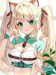 Rule 34 | 1girl, :3, :p, absurdres, animal ear fluff, animal ears, artist name, blonde hair, blush, breasts, brown ribbon, cat ears, cat girl, cleavage, closed mouth, goroo (eneosu), green eyes, hair ornament, hair ribbon, highres, long hair, looking at viewer, medium breasts, original, ribbon, solo, tongue, tongue out, twintails, upper body, wrist cuffs, x hair ornament