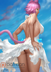 Rule 34 | 1girl, animal ears, ariverkao, ass, backless dress, backless outfit, black panties, blue sky, breasts, brown eyes, cat ears, cat tail, day, dress, hands on own hips, large breasts, looking at viewer, looking back, original, outdoors, panties, patreon logo, pink hair, short hair, sky, smile, solo, tail, underwear, watermark, web address