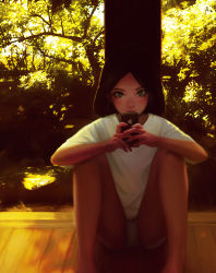 Rule 34 | 1girl, absurdres, apple inc., black hair, cellphone, dappled sunlight, day, expressionless, glowing, highres, holding, holding phone, iphone, jugon, jungon kim, long hair, looking at viewer, nature, no pants, original, outdoors, panties, parted bangs, phone, product placement, shade, sitting, smartphone, solo, spread legs, sunlight, tree, tree shade, underwear, white panties