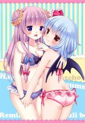 Rule 34 | 2girls, :d, ass, bad id, bad pixiv id, bat wings, bikini, blue hair, blush, bracelet, breasts, character name, cleavage, dimples of venus, double bun, fang, fang out, female focus, frilled bikini, frills, hair bun, holding hands, irori, jewelry, long hair, looking at viewer, multiple girls, navel, open mouth, patchouli knowledge, purple hair, red eyes, remilia scarlet, smile, striped bikini, striped clothes, swimsuit, touhou, vertical-striped bikini, vertical-striped clothes, wings