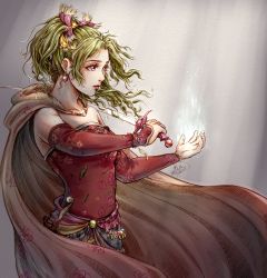 Rule 34 | 1girl, bead bracelet, beads, bracelet, cape, closed mouth, commentary, detached sleeves, earrings, english commentary, final fantasy, final fantasy vi, floral print, green hair, highres, holding, holding sword, holding weapon, jewelry, magic, michelle kristolia, ponytail, print cape, print shirt, purple eyes, red shirt, shirt, sleeveless, solo, sword, tina branford, wavy hair, weapon