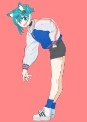 Rule 34 | 1girl, :d, animal ears, aqua eyes, aqua hair, bent over, black choker, black shorts, blue footwear, blue nails, cat ears, choker, earrings, eir (machi), from side, full body, hair ornament, hair scrunchie, hairpin, hand in pocket, highres, jacket, jewelry, long sleeves, machi (wm), nail polish, open mouth, original, ponytail, raglan sleeves, red background, red scrunchie, scrunchie, shoes, short shorts, shorts, simple background, smile, sneakers, socks, solo, standing, x hair ornament