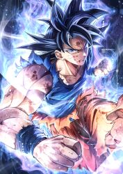 Rule 34 | 1boy, absurdres, aura, bare shoulders, black hair, blood, blood on arm, blood on face, blood on hands, blue eyes, blue tank top, clenched hands, commentary request, dragon ball, hands up, highres, kamiyama sumu, knee up, long hair, looking at viewer, looking back, muscular, muscular male, orange pants, pants, raised fist, serious, shirt, solo, son goku, tank top, torn clothes, torn pants, torn shirt, torn tank top, ultra instinct