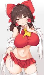Rule 34 | 1girl, ascot, bare shoulders, black hair, bow, breasts, brown eyes, clothes lift, cowboy shot, crop top, curvy, detached sleeves, groin, hair bow, hair ornament, hair tubes, hakurei reimu, hand on own face, head tilt, highres, karatakewari, large breasts, lifted by self, looking at viewer, microskirt, midriff, navel, panties, pleated skirt, red bow, red skirt, side-tie panties, side-tie peek, simple background, skindentation, skirt, skirt lift, smile, solo, standing, thighhighs, thighs, touhou, underwear, white thighhighs
