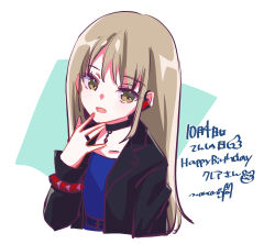 Rule 34 | 1girl, absurdres, black choker, black jacket, blonde hair, blue dress, bracelet, brown eyes, choker, commentary request, cosplay, cropped torso, denonbu, dress, hand up, happy birthday, highres, jacket, jewelry, long hair, long sleeves, looking at viewer, nijisanji, nonkomu (furiten5553), open clothes, open jacket, open mouth, ring, seto mitsuki (denonbu), seto mitsuki (denonbu) (cosplay), signature, sister claire, smile, solo, translation request, upper body, virtual youtuber, voice actor, white background