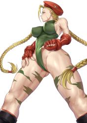 Rule 34 | 1girl, absurdres, beret, blonde hair, braid, breasts, cammy white, camouflage, capcom, commentary request, covered erect nipples, facial scar, fingerless gloves, from below, gloves, green leotard, hat, highleg, highleg leotard, highres, kurone rinka, large breasts, leotard, long hair, looking away, looking to the side, red gloves, red hat, scar, scar on cheek, scar on face, simple background, solo, standing, street fighter, sweat, thighs, thong leotard, twin braids, white background