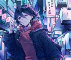 Rule 34 | 1boy, :3, alternate costume, black hair, black jacket, closed mouth, commentary request, danganronpa (series), danganronpa v3: killing harmony, earphones, earrings, goto (sep), hair between eyes, hand up, highres, holding, holding earphones, hood, hood down, hoodie, jacket, jewelry, long sleeves, looking at viewer, male focus, open clothes, open jacket, oma kokichi, outdoors, pink hoodie, purple eyes, short hair, solo, translation request, upper body