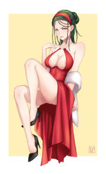 Rule 34 | 1girl, breasts, center opening, cleavage, cleavage cutout, clothing cutout, covered erect nipples, dreadlocks, dress, feet, foot dangle, green hair, headband, headdress, high heels, highres, hitomi ishigami, jewelry, large breasts, looking at viewer, mature female, parted lips, red dress, rinko riban, rosario+vampire, self-upload, sitting, yellow eyes