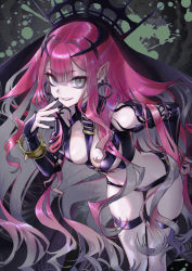 Rule 34 | 1girl, bare shoulders, black panties, bracelet, breasts, bridal gauntlets, detached sleeves, earrings, baobhan sith (fate), baobhan sith (second ascension) (fate), fate/grand order, fate (series), grey eyes, grin, jewelry, large breasts, long hair, looking at viewer, na222222, navel, panties, pink hair, pointy ears, revealing clothes, sidelocks, smile, solo, thigh strap, thighs, tiara, underwear, veil, very long hair