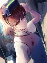 Rule 34 | 1girl, absurdres, bare shoulders, blood, blood on clothes, blood splatter, brown eyes, brown hair, brown sweater vest, closed mouth, collared shirt, commentary, english commentary, goggles, goggles on head, hand up, head-mounted display, highres, medium hair, misaka imouto, mkr (wepn3428), school uniform, shirt, short sleeves, solo, summer uniform, sweater vest, toaru majutsu no index, toaru majutsu no index: old testament, tokiwadai school uniform, upper body, white shirt