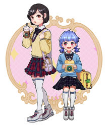Rule 34 | 2girls, :d, backpack, bag, bag charm, black hair, black skirt, blue hair, blue shirt, blush stickers, brown eyes, charlotte (cyphers), charm (object), cup, cyphers, disposable cup, eating, handbag, highres, invisible chair, kneehighs, looking at viewer, marlene (cyphers), multiple girls, n-i-s-s-i, open mouth, plaid, plaid skirt, school uniform, shirt, shoes, short hair, short twintails, simple background, sitting, skirt, smile, sneakers, socks, thighhighs, twintails, white legwear