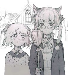 Rule 34 | 2girls, :i, alternate costume, american gothic, animal ears, bolo tie, braid, broom, cat ears, closed mouth, commentary, dog ears, dress, extra ears, fine art parody, glasses, green eyes, green hair, hair ribbon, highres, holding, kaenbyou rin, kasodani kyouko, monochrome, multiple girls, parody, pointy ears, pout, red eyes, red hair, ribbon, shirt, short hair, sketch, svveetberry, touhou, twin braids, window