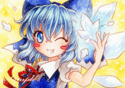 Rule 34 | bad id, bad pixiv id, blue dress, blue eyes, blue hair, blush stickers, bow, cirno, dress, grin, hair bow, ice, ice wings, one eye closed, puffy short sleeves, puffy sleeves, qqqrinkappp, red ribbon, ribbon, sample watermark, short hair, short sleeves, smile, solo, teeth, touhou, upper body, watermark, wings
