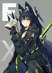 Rule 34 | 1girl, animal ears, black gloves, black hair, coat, fox ears, fox mask, gloves, grey background, headgear, high collar, highres, holding, holding weapon, long hair, looking at viewer, mask, unworn mask, open clothes, open coat, original, science fiction, smile, solo, weapon, yellow eyes, yoshizawa tsubaki
