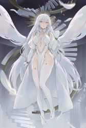 Rule 34 | 1girl, blush, breasts, chowbie, closed mouth, covered navel, feathers, full body, gloves, highres, large breasts, long hair, looking at viewer, original, red eyes, smile, solo, thighhighs, thighs, veil, white gloves, white headwear, white thighhighs, wings