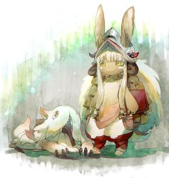 Rule 34 | 1girl, :3, animal ears, aoki (fumomo), barefoot, body fur, closed mouth, full body, furry, furry female, long hair, made in abyss, mitty (made in abyss), nanachi (made in abyss), pants, rabbit ears, red pupils, solo, standing, tail, whiskers, white hair, yellow eyes