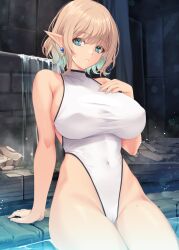 Rule 34 | 1girl, arm support, bare shoulders, blonde hair, blue eyes, breasts, cameltoe, cleft of venus, colored inner hair, covered erect nipples, covered navel, earrings, green hair, hand up, highleg, highleg swimsuit, jewelry, kirishima satoshi, large breasts, looking at viewer, multicolored hair, one-piece swimsuit, original, pointy ears, short hair, sitting, soaking feet, solo, swimsuit, taut clothes, taut swimsuit, two-tone hair, water, white one-piece swimsuit