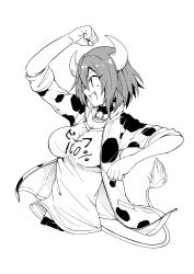 Rule 34 | 1girl, absurdres, animal print, bell, blush, breasts, cow girl, cow horns, cow print, cow tail, fang, greyscale, highres, horns, jacket, jashin-chan dropkick, large breasts, minos (jashin-chan dropkick), monochrome, neck bell, open mouth, print jacket, shirt, short hair, simple background, smile, solo, tail, upper body, yuuki shushu