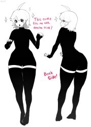 Rule 34 | 1girl, ahoge, black eyes, black nails, black shirt, black thighhighs, colored skin, english text, from behind, highres, long sleeves, looking back, menchi (radon86 nya), multiple views, open mouth, original, profile, radon86 nya, shirt, simple background, sleeves past wrists, smile, sparkle, thighhighs, white background, white hair, white skin