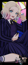 Rule 34 | 1girl, :d, addams family, black jacket, black necktie, black skirt, black vest, blonde hair, blue eyes, collared shirt, enid sinclair, hand up, highres, jacket, long sleeves, multicolored hair, multicolored nails, necktie, open mouth, parted bangs, pink hair, purple jacket, purple skirt, sato (r017xts117), shirt, short hair, skirt, smile, solo, striped clothes, striped jacket, teeth, two-tone hair, upper teeth only, vest, wednesday (netflix), white shirt