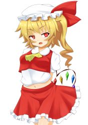 Rule 34 | 1girl, ascot, blonde hair, blush, breasts, fang, flandre scarlet, hat, highres, himenomikan, midriff, navel, open mouth, red eyes, short hair, side ponytail, simple background, skirt, skirt set, small breasts, smile, solo, touhou, white background, wings