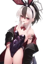 Rule 34 | 1girl, animal ears, black hair, black horns, black jacket, black leotard, black wings, blue archive, blush, bow, breasts, covered navel, cowboy shot, demon horns, demon wings, detached collar, fake animal ears, grey hair, grey halo, hair between eyes, halo, highres, horns, jacket, kayoko (blue archive), leotard, long hair, looking at viewer, multicolored hair, n4gare b0shi, open clothes, open jacket, open mouth, ponytail, rabbit ears, red bow, red eyes, single wing, small breasts, solo, strapless, strapless leotard, wings